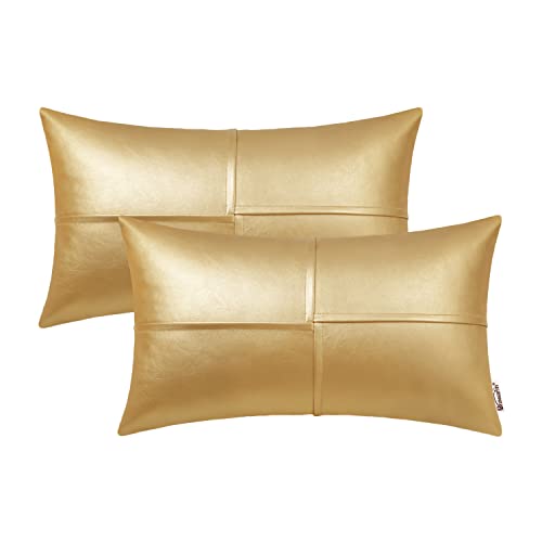 Brawarm Faux Leather Throw Pillow Covers 12 X 20 Inches, Gold Leather Lumbar Pillow Covers Pack Of 2, Hand Stitched Leather Deco